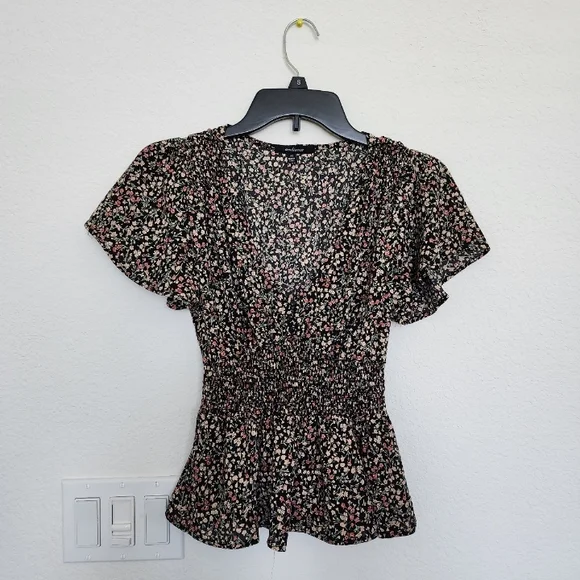 Ambiance Black Floral Smocked Peplum Blouse with Pink and Cream Flowers - Picture 1 of 4